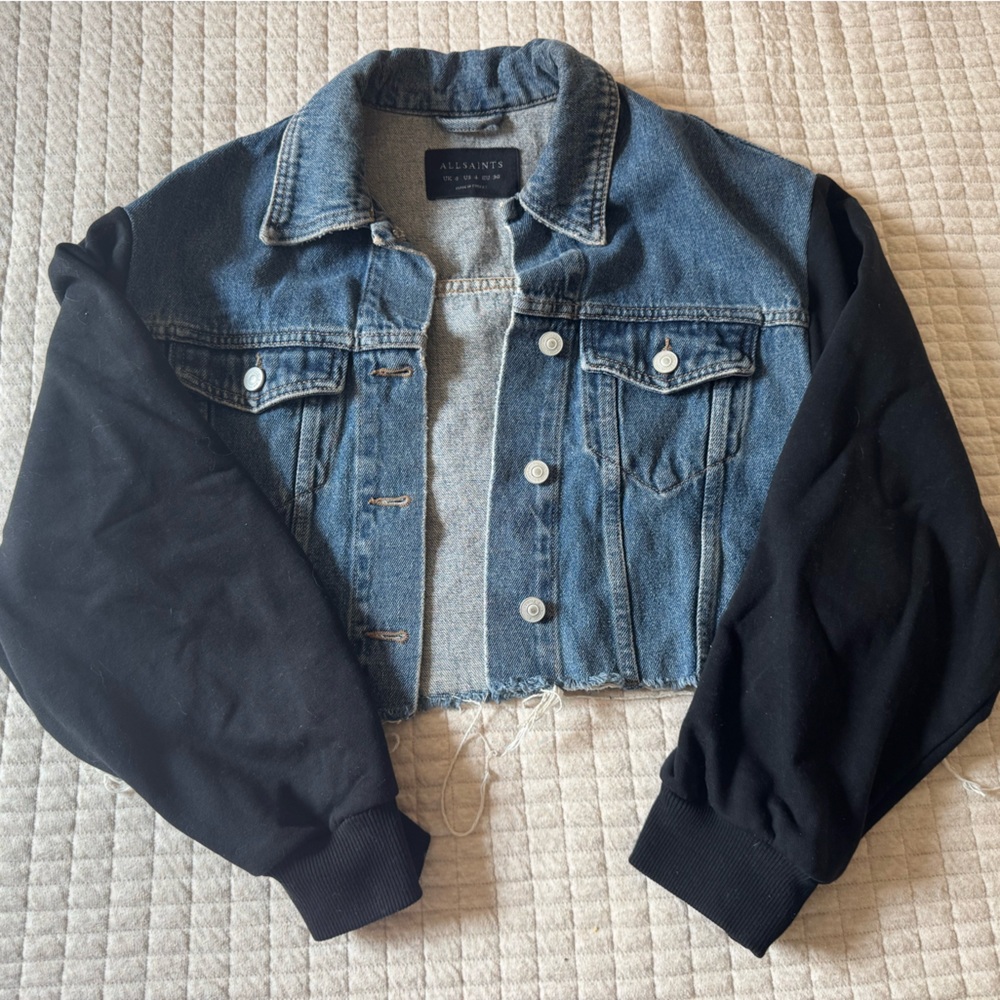 All Saints Blue Denim Jacket with Black Sleeves